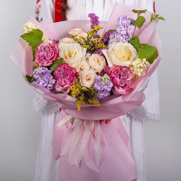 White rose 50 cm Ecuador - 7, Pink rose Country Blues 50 cm - 3, Spray rose: white, cream, light pink 50 cm - 5, Matthiola Lilac - 4, White Matthiola - 3, Pink Statice, Solidago (1 pc.),  Raspberry branch, Wrapping Paper