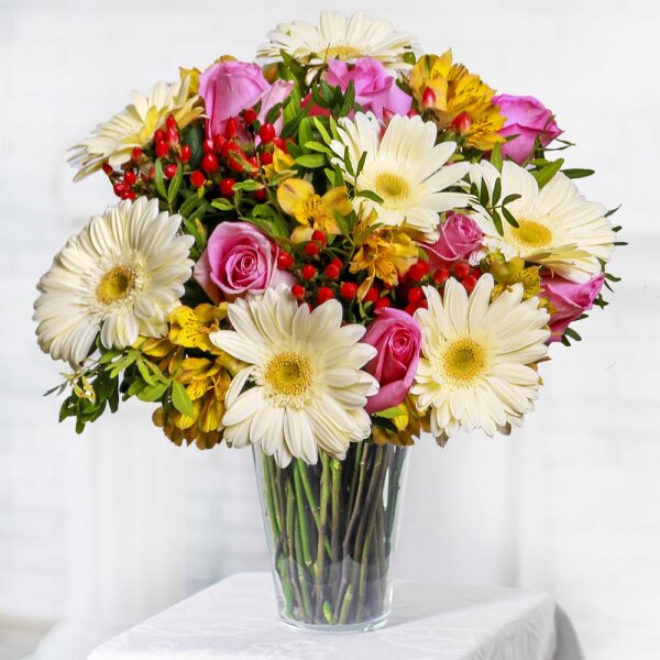 Pink rose 50 cm - 7, Gerbera white - 7, Alstromeria Yellow, Orange - 5, Hypericum, Sisal, Ribbon