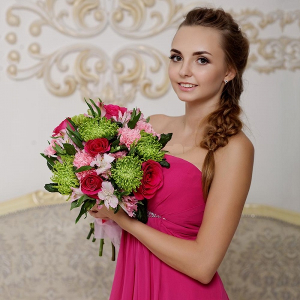 Pink rose 50 cm - 7, Pink carnation - 5, Yellow chrysanthemum  single-headed Anastasia - 6, Alstromeria white, soft pink - 5, Ribbon, Felt