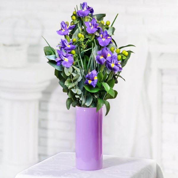 Irises - 12, Hypericum, Eucalyptus parvifolia (1 pc.), Ruscus, Ribbon