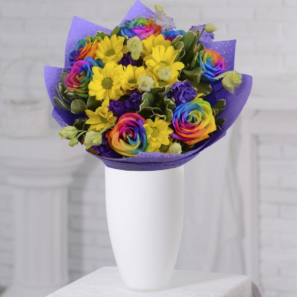 Rainbow rose - 7, Bacardi Yellow Spray Chrysanthemum - 2, Purple Lisianthus (Eustoma) - 4, Felt, Ribbon, Pittosporum
