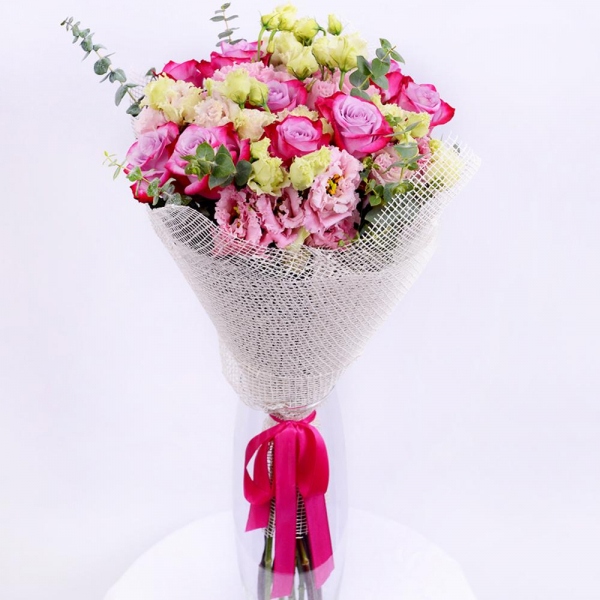 Deep Purple rose - 9, Pink Lisianthus (Eustoma) - 5, Eucalyptus baby blue (1 pc.), Jute 1 meter, Ribbon