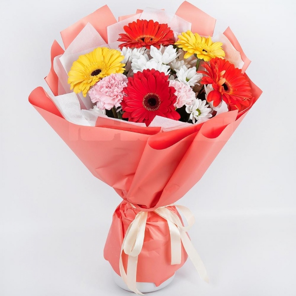 Gerbera daisies - 2, Bacardi White Spray Chrysanthemum - 3, Pink carnation - 3, Gerbera yellow - 2, Gerbera red - 1, Wrapping Paper, Ribbon