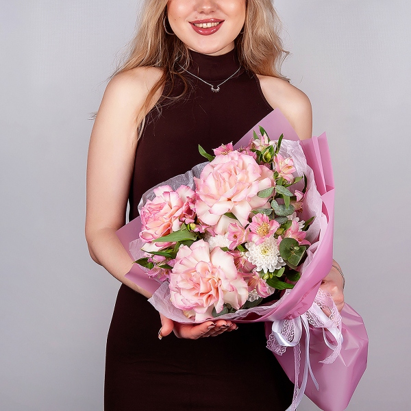 Rose Esperance - 3, Alstromeria white, soft pink - 3, Baltica White Spray Chrysanthemum - 2, Eucalyptus, Wrapping Paper