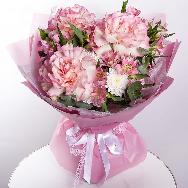 Rose Esperance - 3, Alstromeria white, soft pink - 3, Baltica White Spray Chrysanthemum - 2, Eucalyptus, Wrapping Paper