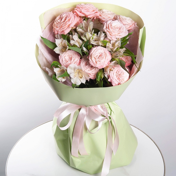 Peony sprayrose - 4, Alstromeria white, soft pink - 5, Wrapping Paper