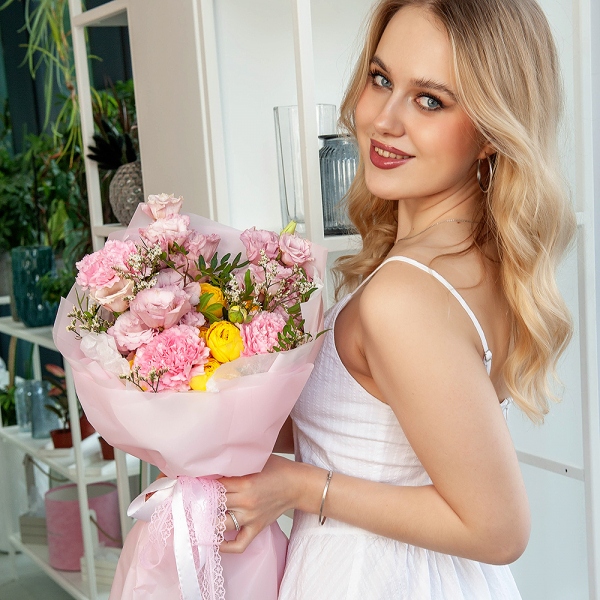 Pink Lisianthus (Eustoma) - 3, Pink carnation - 7, Spray rose: yellow, orange 50 cm - 4, Pistachio, Limonium (1 pc.), Wrapping Paper