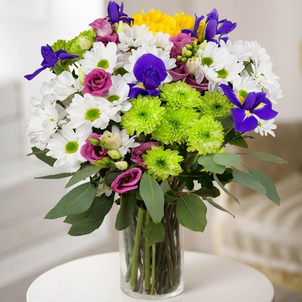 Irises - 5, Pink Lisianthus (Eustoma) - 3, Bacardi White Spray Chrysanthemum - 3, Athos pom Feeling Green - 2, Bacardi Yellow Spray Chrysanthemum - 1, Eucalyptus populus (1 pc.), Wrapping Paper, Ribbon