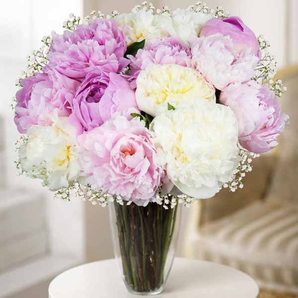 Peony pink - 8, Gypsophila - 2, Peony white - 5, Wrapping Paper