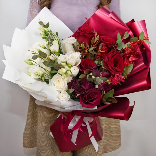 White rose 50 cm - 5, Red rose 50 cm - 5, lisianthus - 2, Spray rose: red 50 cm - 1, Spray rose: white, cream, light pink 50 cm - 1, Solidago (1 pc.), Ruscus, Dried flowers decor, Wrapping Paper, Eucalyptus parvifolia (1 pc.)