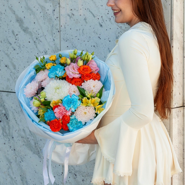 Baltica Pink Spray Chrysanthemum - 2, Magnum White Chrysanthemum - 1, Pink carnation - 1, Carnation white, cream - 4, Pink Lisianthus (Eustoma) - 2, Alstromeria Yellow, Orange - 2, Spray rose: yellow, orange 50 cm - 3, Wrapping Paper