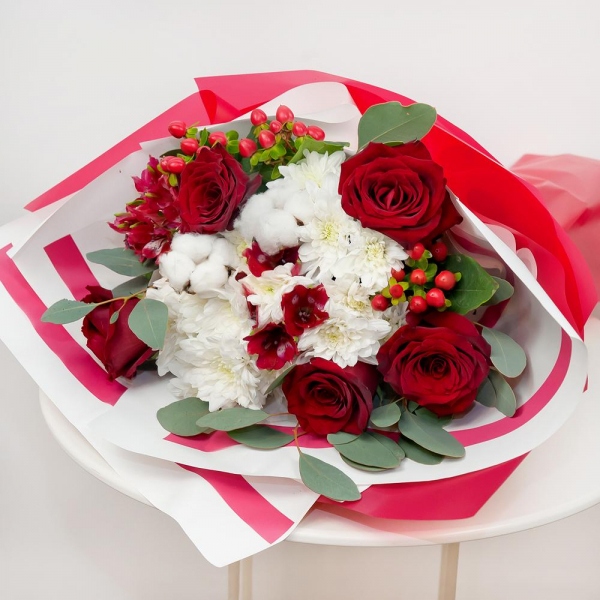 Red rose 50 cm - 7, Baltica White Spray Chrysanthemum - 3, Alstromeria Red, Bright Pink - 3, Hypericum, Cotton bud, Eucalyptus populus (1 pc.), Wrapping Paper, Ribbon