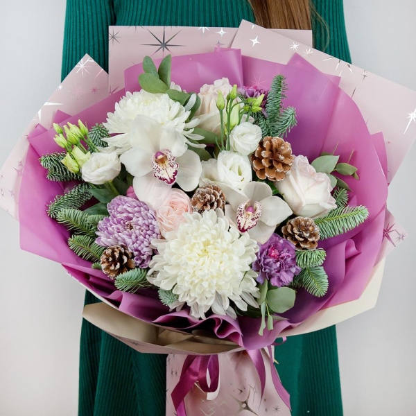 White Cymbidium Orchid Bud - 3, Magnum White Chrysanthemum - 2, Peony style roses - 4, Lilac carnation - 4, Magnum Purple Chrysanthemum - 2, Flask for orchids, Aspidistra (1 pc.), Eucalyptus Cinerea, Spruce branches (1pc.), Wrapping Paper, Christmas decor (set)