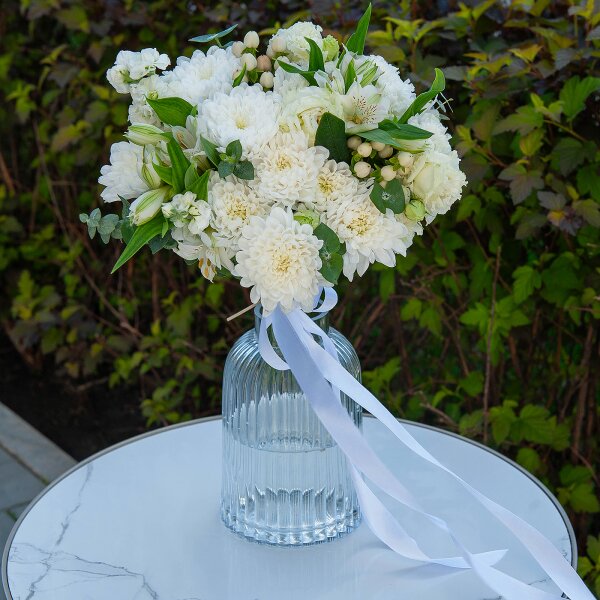 Baltica White Spray Chrysanthemum - 4, Alstromeria white, soft pink - 9, lisianthus - 3, White Matthiola - 2, Hypericum, Eucalyptus baby blue (1 pc.), Ribbon