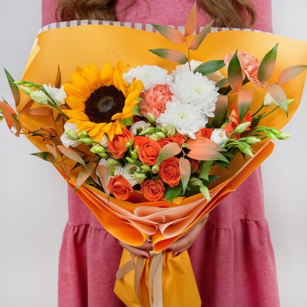 Sunflower - 1, Orange carnation - 2, lisianthus - 3, Baltica White Spray Chrysanthemum - 1, Spray rose: yellow, orange 50 cm - 3, Ruscus italian, Wrapping Paper