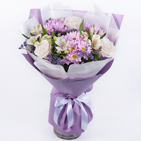 Baltica White Spray Chrysanthemum - 3, Alstromeria white, soft pink - 3, White rose 50 cm - 3, Limonium (1 pc.), Felt, Ribbon