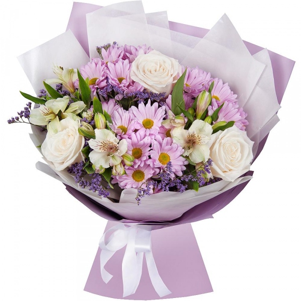 Baltica White Spray Chrysanthemum - 3, Alstromeria white, soft pink - 3, White rose 50 cm - 3, Limonium (1 pc.), Felt, Ribbon