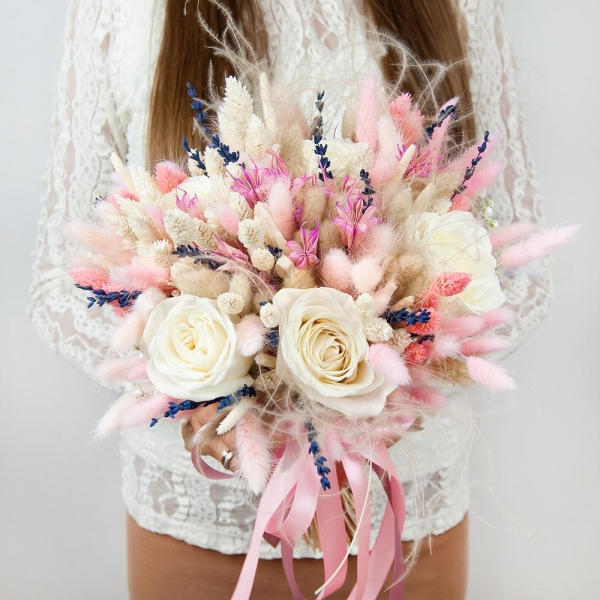 White rose 50 cm - 7, Dried flowers in assortment, Ribbon