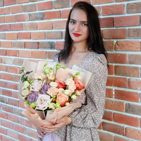 Peony rose Kahala 50 cm - 3, Rose Powder 50 cm Ecuador (Quicksand, Menta) - 2, Lilac carnation - 2, lisianthus - 3, Spray rose: white, cream, light pink 50 cm - 3, Carnation white, cream - 2, Wrapping Paper, Symphoricarpos