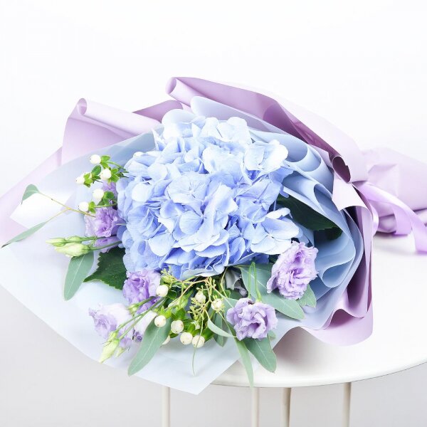 Blue/purple hydrangea - 1, Purple Lisianthus (Eustoma) - 4, Hypericum, Eucalyptus populus (1 pc.), Wrapping Paper