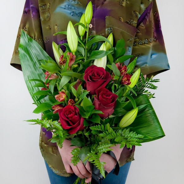 Lilies - 3, Alstromeria Red, Bright Pink - 5, Red rose 50 cm - 5, Fern (1 pc.), Aspidistra (1 pc.), Ruscus, Ribbon