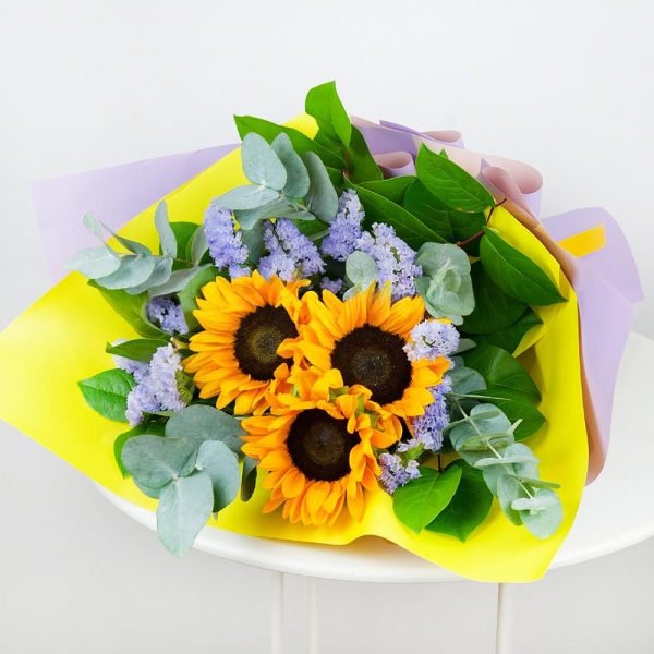 Sunflower - 7, Salal, Eucalyptus Cinerea, Blue Statice, Wrapping Paper, Ribbon