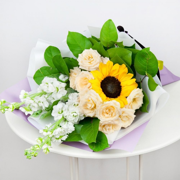 Sunflower - 3, White Matthiola - 3, Spray rose: white, cream, light pink 50 cm - 3, Salal, Eucalyptus Cinerea, Wrapping Paper