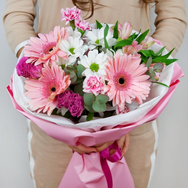 Bacardi White Spray Chrysanthemum - 2, Bright pink spray rose mix, 50 cm - 3, Alstromeria white, soft pink - 3, Gerbera pink - 5, Eucalyptus Cinerea, Wrapping Paper