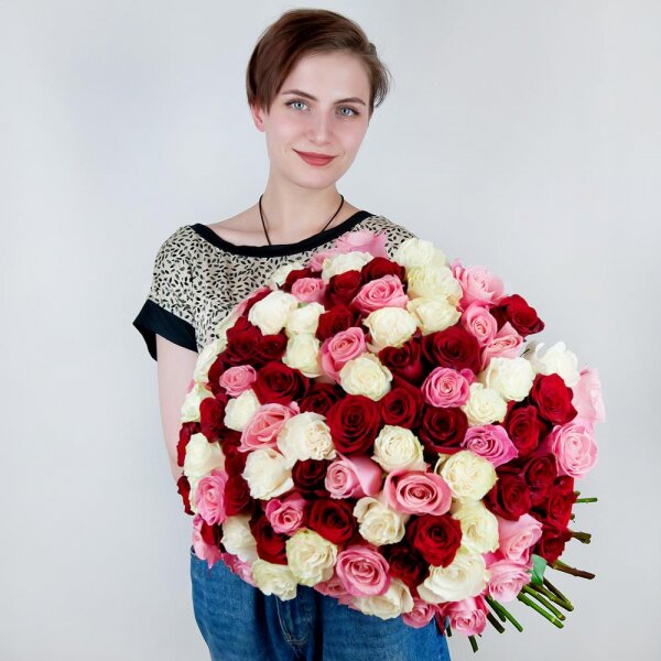 Red rose 70 cm Ecuador - 56, White rose 70 cm  (Ecuador) - 55, Pink rose 70 cm Ecuador  - 50, Ribbon