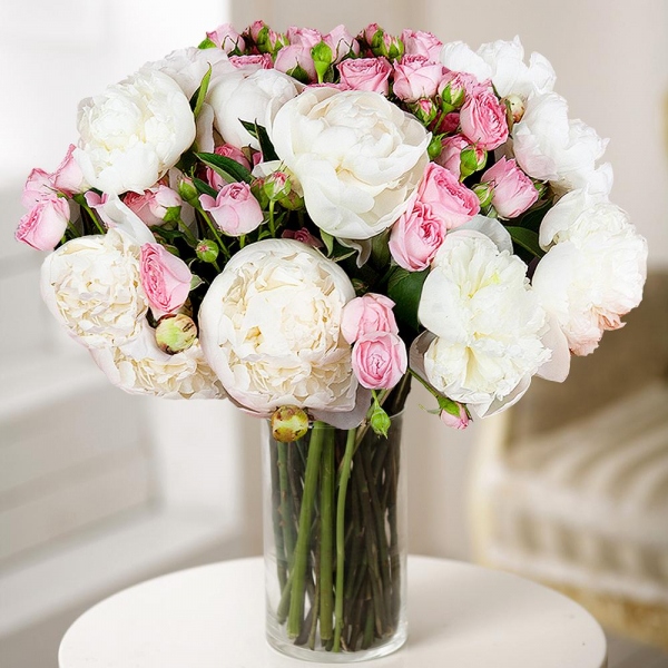 Peony white - 13, Bright pink spray rose mix, 50 cm - 9, Wrapping Paper