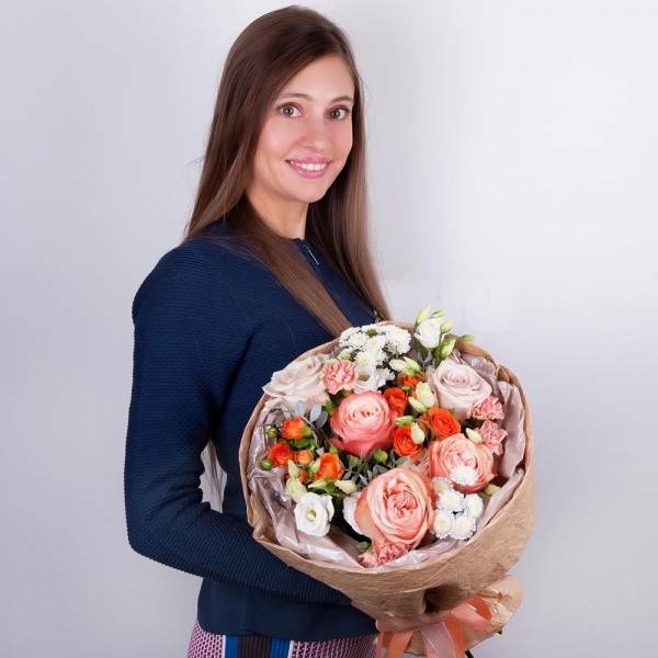 Peony rose Kahala 50 cm - 3, Rose Powder 50 cm Ecuador (Quicksand, Menta) - 2, Athos poms Stallion - 3, Spray rose: yellow, orange 50 cm - 3, lisianthus - 2, Pink spray carnation - 3, Pistachio, Paper luxury, Ribbon