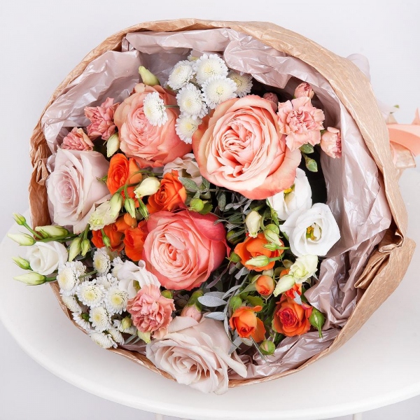 Peony rose Kahala 50 cm - 3, Rose Powder 50 cm Ecuador (Quicksand, Menta) - 2, Athos poms Stallion - 3, Spray rose: yellow, orange 50 cm - 3, lisianthus - 2, Pink spray carnation - 3, Pistachio, Paper luxury, Ribbon