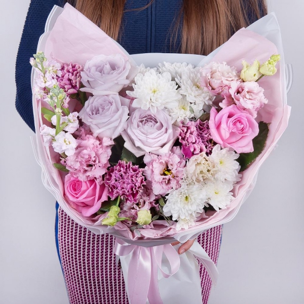 Lilac rose Bounty Way, 50 cm - 3, Pink rose 50 cm - 3, Lilac carnation - 5, Baltica White Spray Chrysanthemum - 3, lisianthus - 1, Pink Matthiola - 2, Pink Lisianthus (Eustoma) - 2, Pistachio, Wrapping Paper