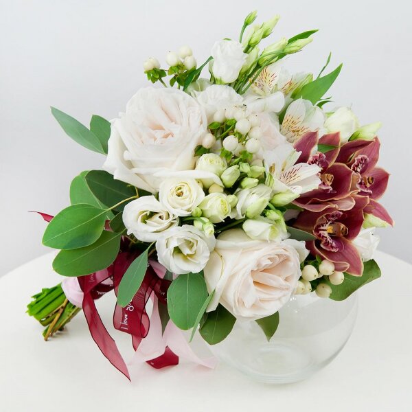 Pink Cymbidium Orchid Bud - 4, Alstromeria white, soft pink - 5, lisianthus - 4, Peony style roses - 4, Flask for orchids, Hypericum, Eucalyptus populus (1 pc.), Ribbon