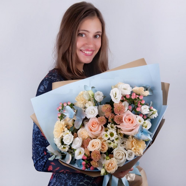 White rose 50 cm - 1, Rose Cream 50 cm - 2, Spray rose: white, cream, light pink 50 cm - 2, lisianthus - 4, Carnation white, cream - 3, Santini White Spray Chrysanthemum - 2, Daisy poms Santini pink, purple - 2, Hypericum, Eucalyptus Cinerea, Wrapping Paper