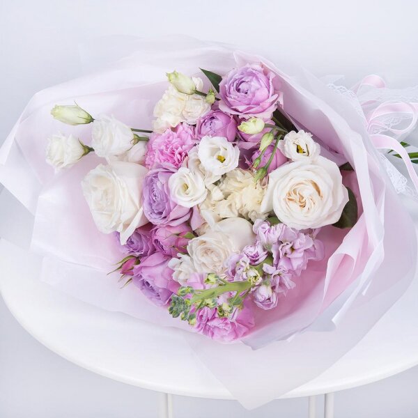 Carnation white, cream - 3, Spray peony rose Misty Bubbles, 50 cm - 2, White rose 50 cm - 3, lisianthus - 3, Matthiola Lilac - 1, Pink carnation - 2, Wrapping Paper