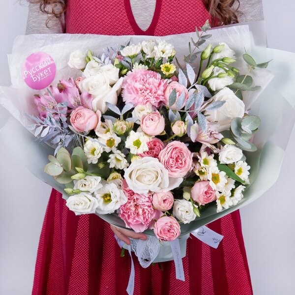 Santini White Spray Chrysanthemum - 3, Alstromeria white, soft pink - 2, Pink carnation - 2, White rose 50 cm - 3, lisianthus - 3, Peony sprayrose - 3, Pistachio, Eucalyptus Cinerea, Wrapping Paper