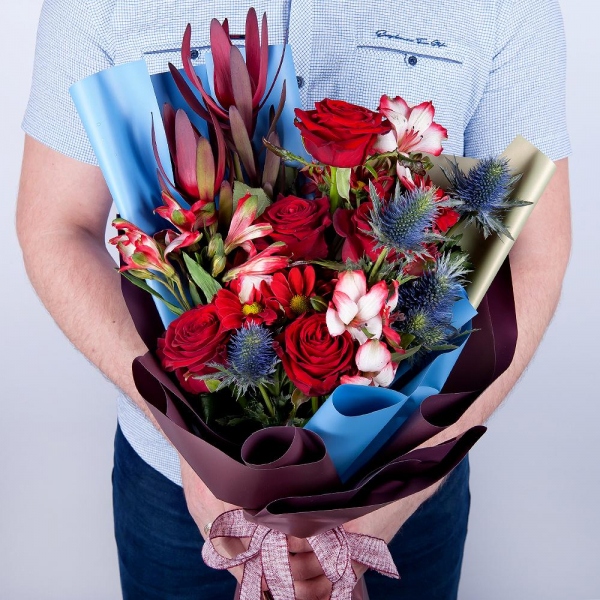 Alstromeria Red, Bright Pink - 3, Red rose 50 cm - 5, Bacardi Red Spray Chrysanthemum - 2, Leukodendron, Eryngium, Wrapping Paper, Ribbon