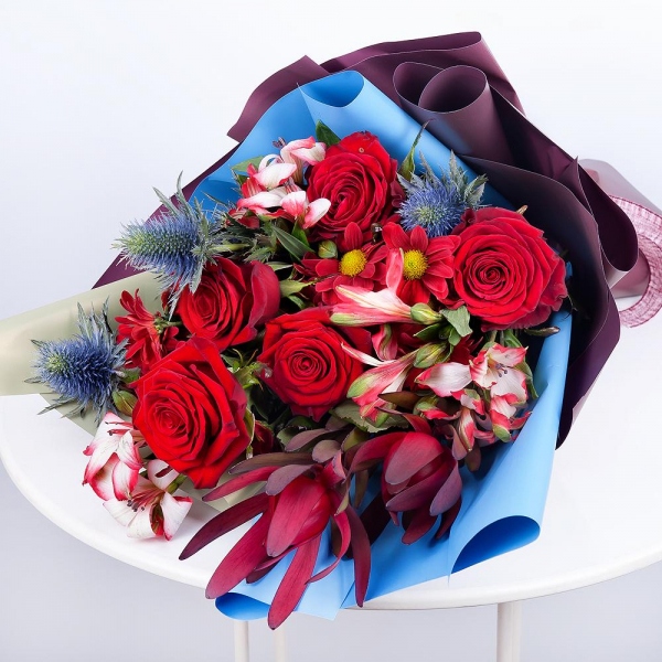 Alstromeria Red, Bright Pink - 3, Red rose 50 cm - 5, Bacardi Red Spray Chrysanthemum - 2, Leukodendron, Eryngium, Wrapping Paper, Ribbon