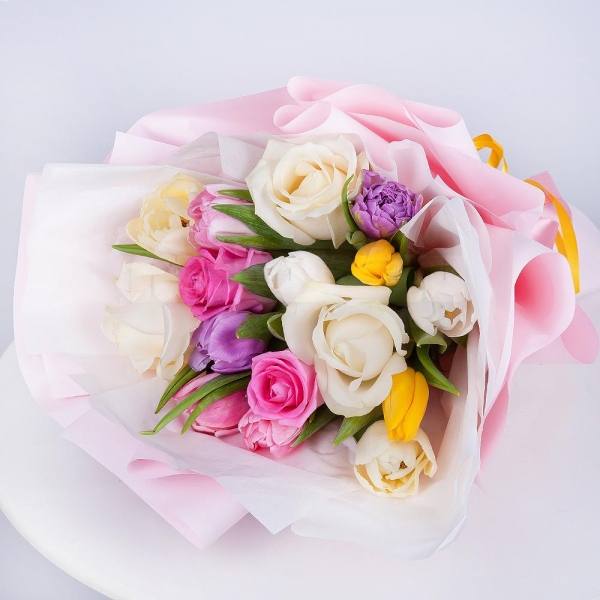White rose 50 cm - 3, Pink rose 50 cm - 2, Pink tulip - 4, Tulip white - 6, Yellow tulip - 3, Lilac tulip - 3, Wrapping Paper, Ribbon