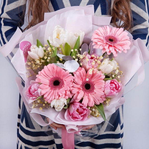 Pink tulip - 5, Gerbera pink - 3, Gypsophila - 1, Tulip white - 7, Eucalyptus Cinerea, Wrapping Paper, Ribbon