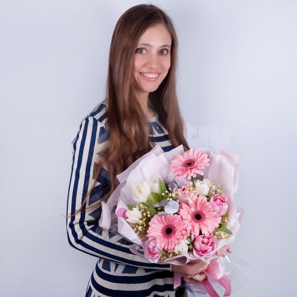 Pink tulip - 5, Gerbera pink - 3, Gypsophila - 1, Tulip white - 7, Eucalyptus Cinerea, Wrapping Paper, Ribbon