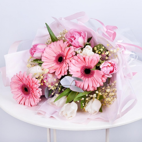 Pink tulip - 5, Gerbera pink - 3, Gypsophila - 1, Tulip white - 7, Eucalyptus Cinerea, Wrapping Paper, Ribbon