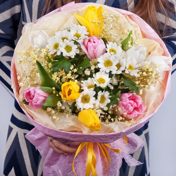 Santini White Spray Chrysanthemum - 4, Gypsophila - 1, Yellow tulip - 4, Tulip white - 4, Pink tulip - 4, Wrapping Paper