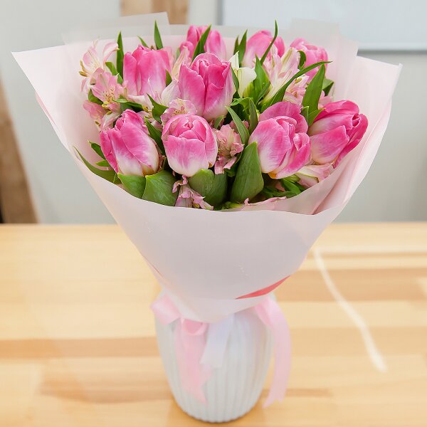 Alstromeria white, soft pink - 9, Pink tulip - 13, Wrapping Paper, Ribbon