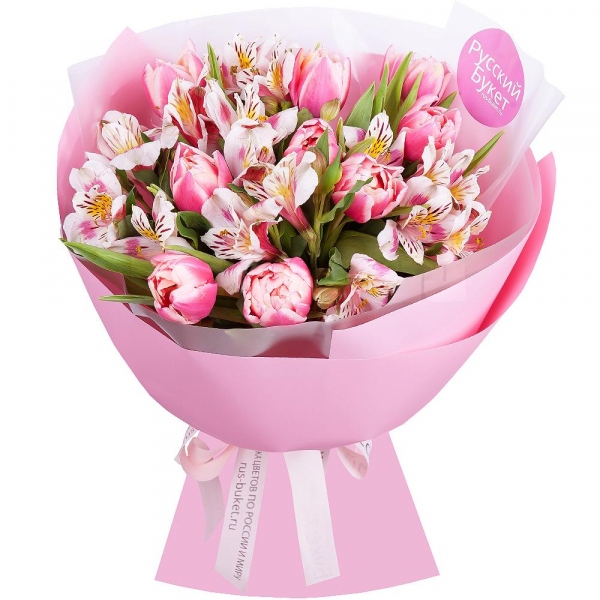 Alstromeria white, soft pink - 9, Pink tulip - 13, Wrapping Paper, Ribbon