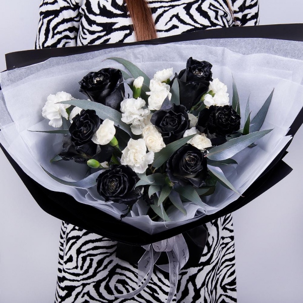 Rose black - 7, White spray carnation - 6, Eucalyptus, Wrapping Paper