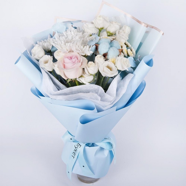 Baltica White Spray Chrysanthemum - 1, Athos poms Stallion - 1, lisianthus - 2, Pink rose 50 cm - 1, Eucalyptus Cinerea, Cotton bud, Wrapping Paper, Ribbon
