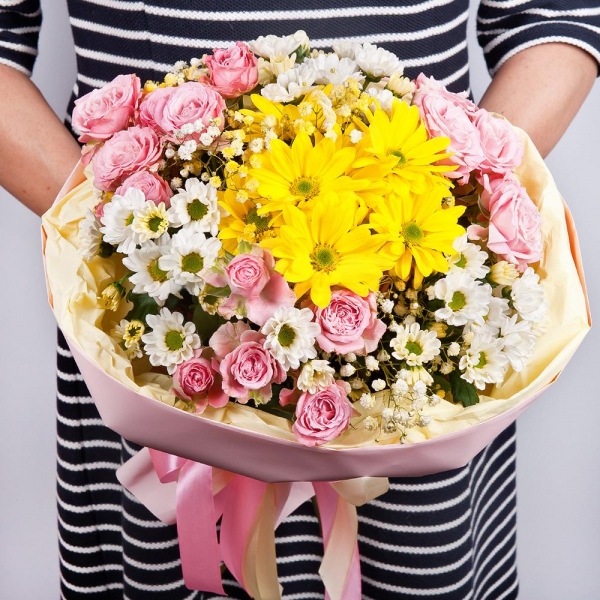 Peony sprayrose - 3, Bacardi Yellow Spray Chrysanthemum - 1, Santini White Spray Chrysanthemum - 3, Gypsophila - 1, Wrapping Paper, Ribbon