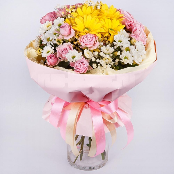 Peony sprayrose - 3, Bacardi Yellow Spray Chrysanthemum - 2, Santini White Spray Chrysanthemum - 4, Gypsophila - 1, Wrapping Paper, Ribbon